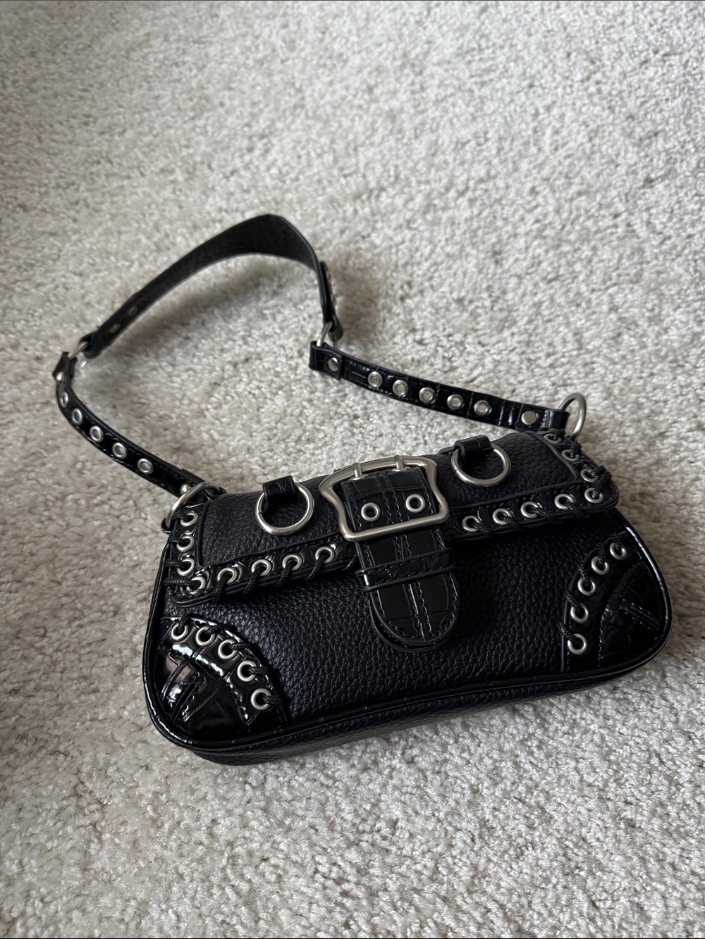 Black Studded Shoulder Bag with Chain Accent